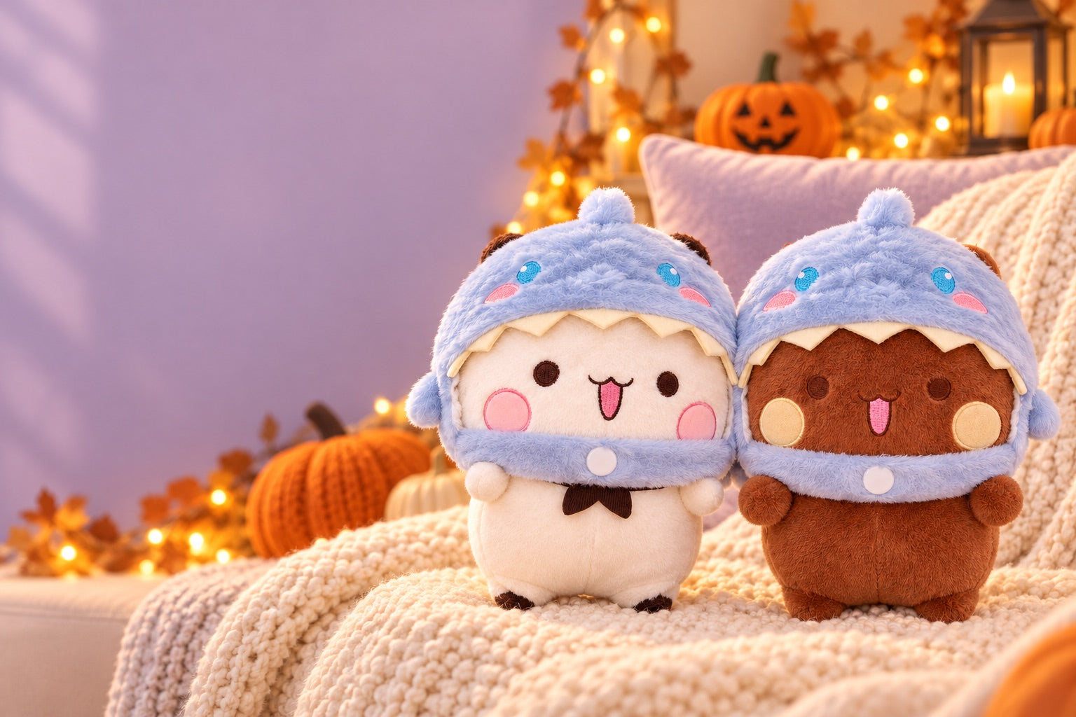 Bubu bianco e Dudu marrone con maschere da squalo azzurre